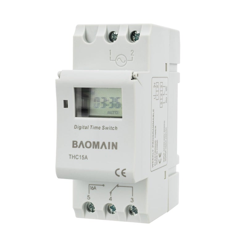 Baomain THC15A AC 220V - 240V Digital LCD Power Programmable Timer Time Switch Relay 16A Amp White - Image 1